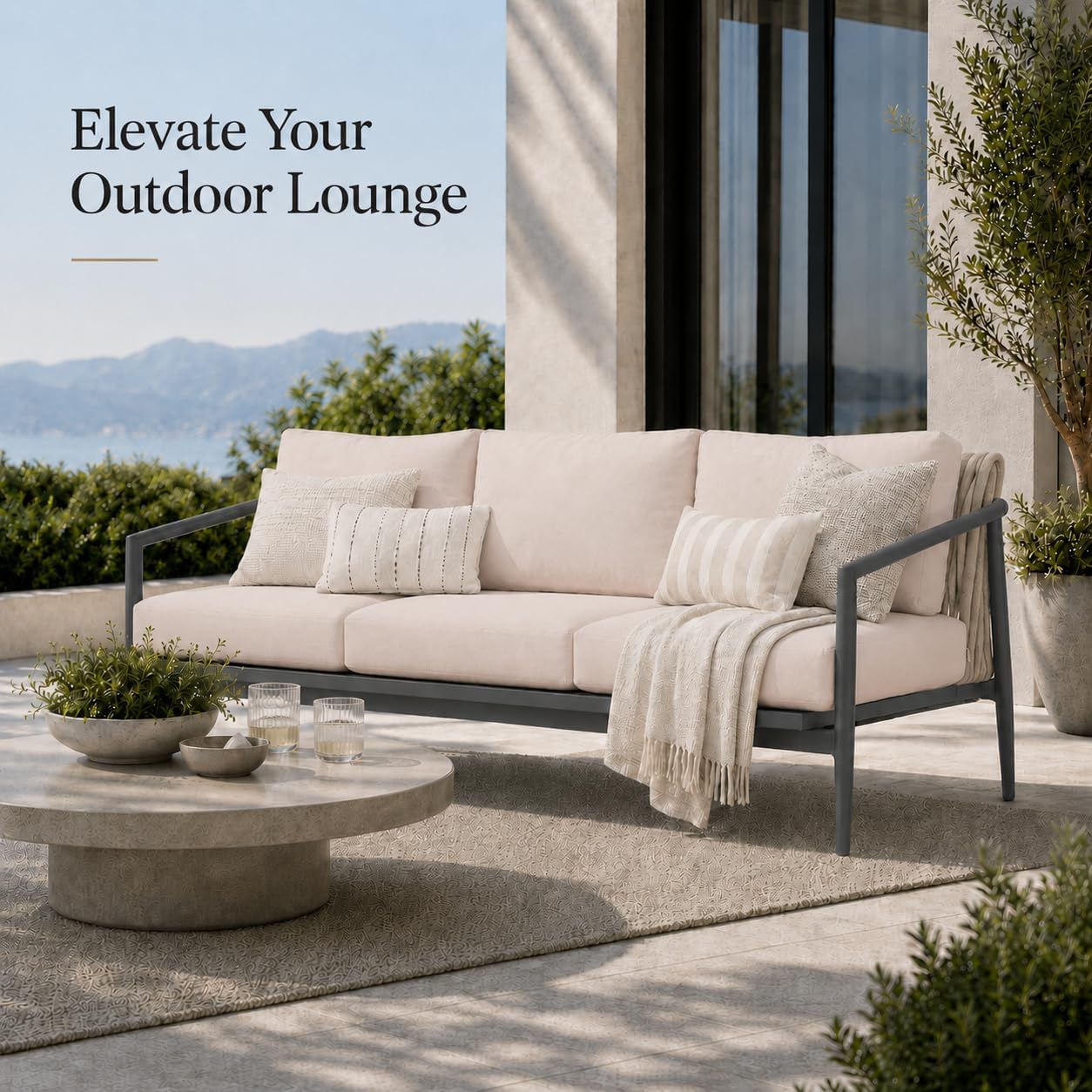 Golden Flame Outdoor Sofa, Modern 3-Seat Patio Couch with Powder-Coated Aluminum Frame, Wo