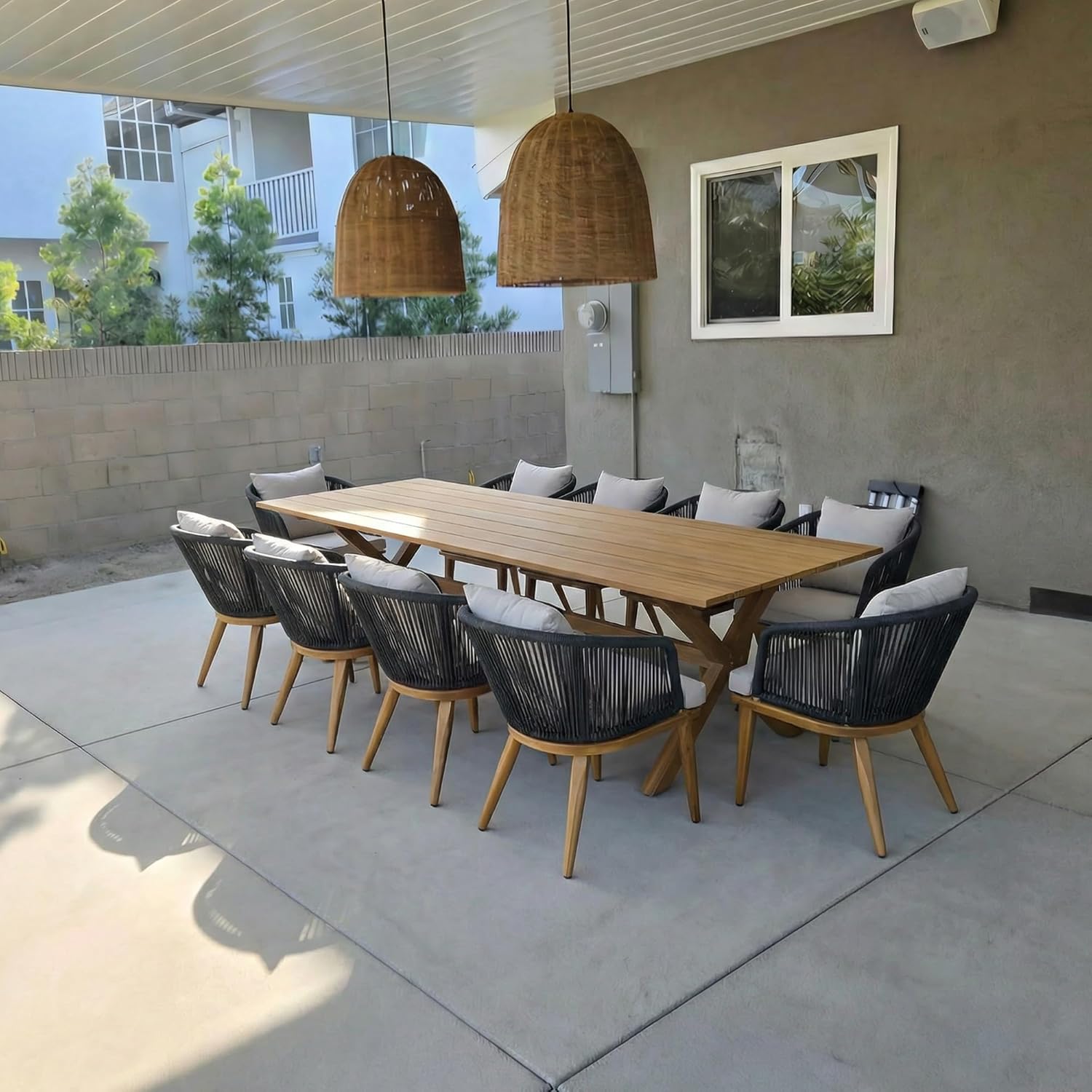 PURPLE LEAF 11 Pieces Patio Dining Set Wicker Outdoor Furniture Rectangular Table and Chairs Set for Garden Deck Teak-Finish Aluminum Frame Backyard Kitchen Set