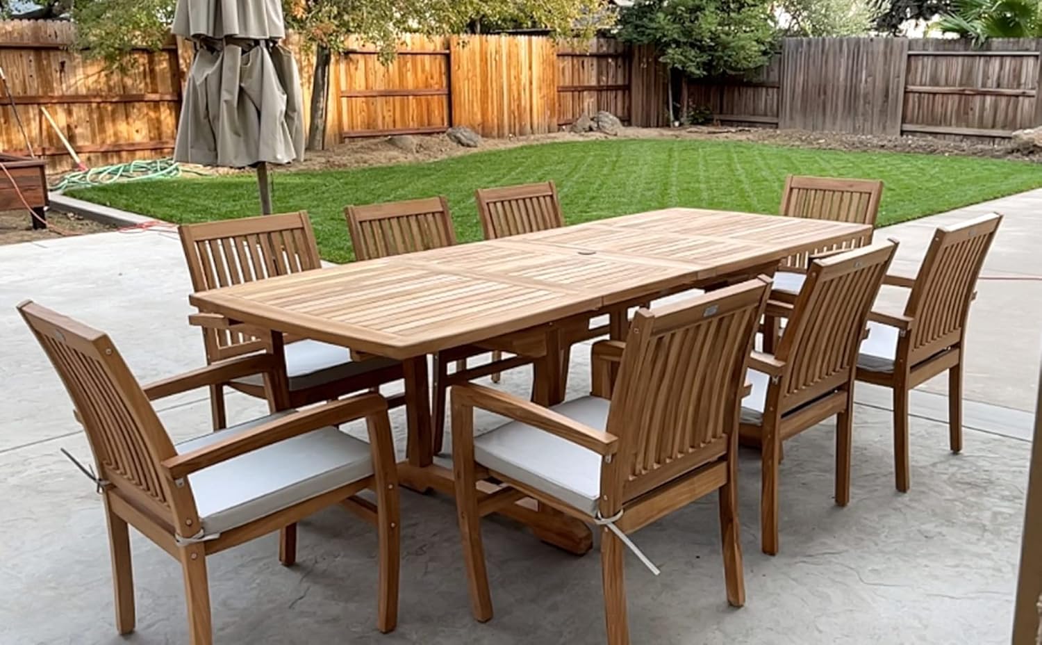 Outdoor Patio Furniture. New 9pc Indonesian Grade-A Teak Dining Set - Rectangle 95"x40" Table & 8 Patara Stacking Arm Chairs. Fine Sanded Indonesian Teak